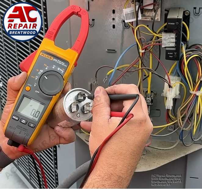 Professional AC technician servicing an air Conditioning unit in Brentwood