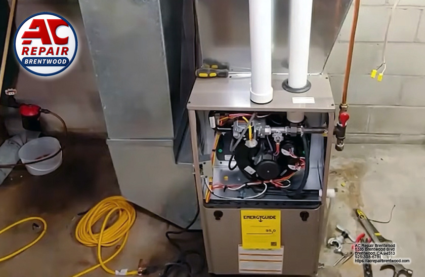 New furnace installation with open access panel in Shadow Lakes home, Brentwood